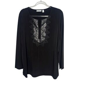 Susan Graver Size XL Black Liquid Knit Tunic‎ Top Faux Leather Embellishment
